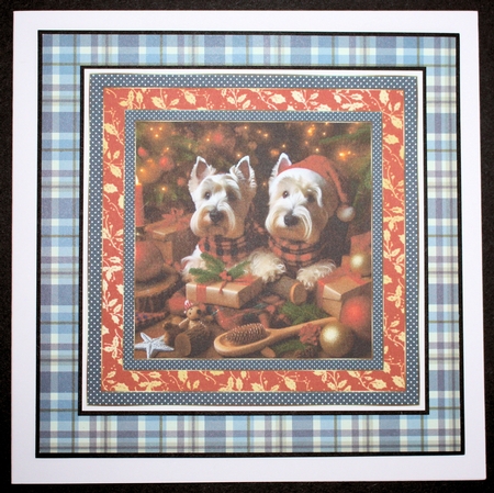 Scottish terrier and Westie Christmas scene card front 2 by Marion Kimberley-Scott