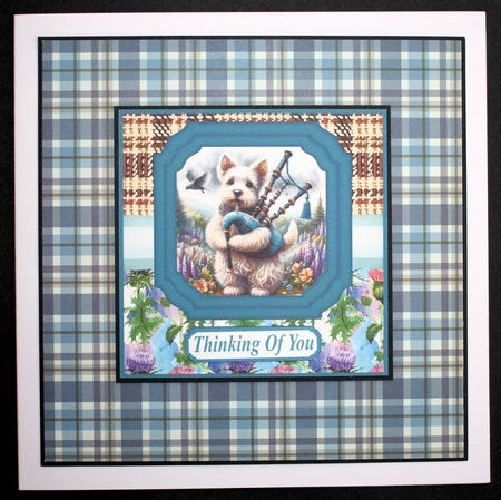 Scottish terrier playing bagpipes card front by Marion Kimberley-Scott
