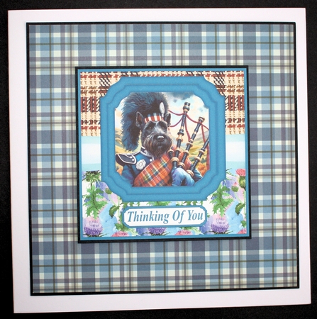 Black Scottish terrier with bagpipes card front 1 by Marion Kimberley-Scott