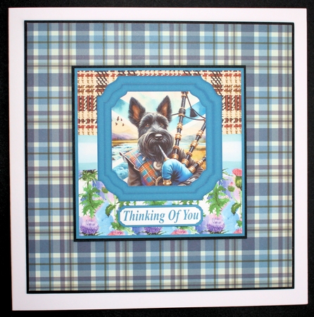 Black Scottish terrier with bagpipes card front 2 by Marion Kimberley-Scott