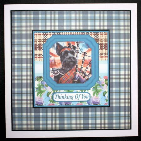Black Scottish terrier with bagpipes card front 3 by Marion Kimberley-Scott