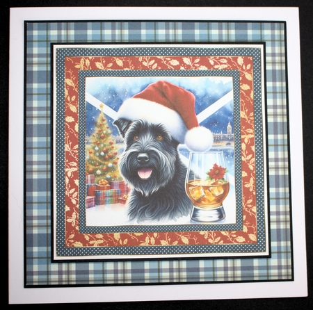 Christmas Scottish terrier with whisky card front 1 by Marion Kimberley-Scott