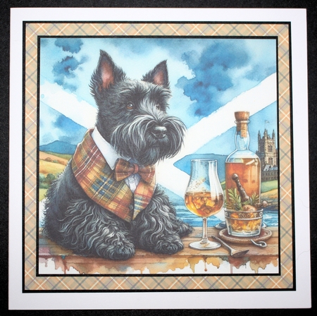 Scottie with whisky background 1 by Marion Kimberley-Scott
