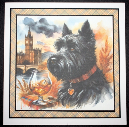 Scottie with whisky background 3 by Marion Kimberley-Scott