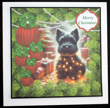 Christmas tree light pup card front 2 by Marion Kimberley-Scott