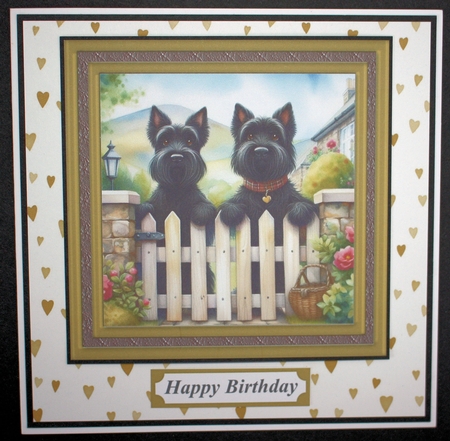 Scotties at the fence card front 1 by Marion Kimberley-Scott