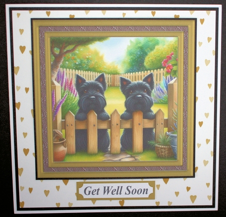 Scotties at the fence card front 2 by Marion Kimberley-Scott