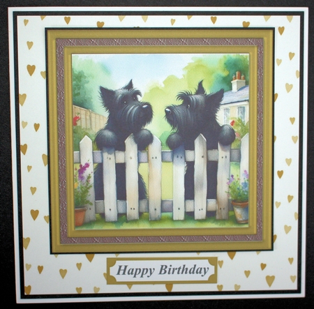 Scotties at the fence card front 3 by Marion Kimberley-Scott