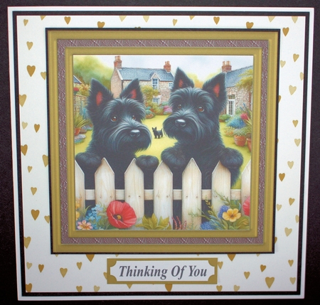 Scotties at the fence card front 5 by Marion Kimberley-Scott
