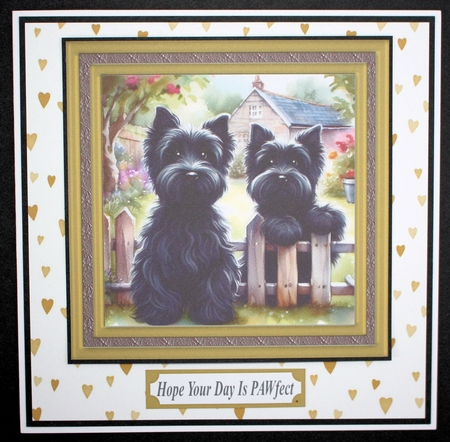 Scotties at the fence card front 6 by Marion Kimberley-Scott