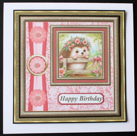 Pink and gold floral hedgehog card front 3 by Marion Kimberley-Scott