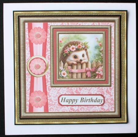 Pink and gold floral hedgehog card front 5 by Marion Kimberley-Scott