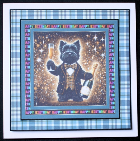 Champagne Birthday pup card front 1 by Marion Kimberley-Scott