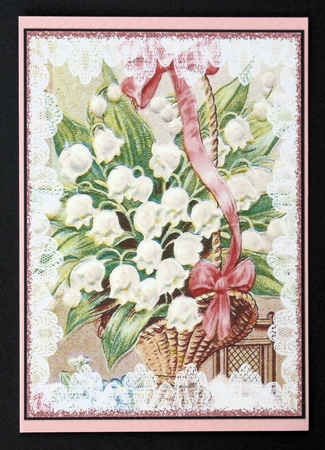 Basket of Lily of the Valley with Lace & Bows A4 by Marion Kimberley-Scott