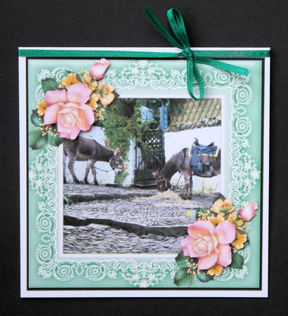 Clovelly Donkeys In Devon - 8 x 8 Card Topper With Roses Decoupage by Marion Kimberley-Scott