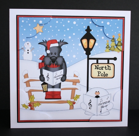 8 x 8 Christmas at the North Pole Hamish Scottie Dog is Carol Singing with Snowball Sam Scalloped Corner Topper   by Marion Kimberley-Scott