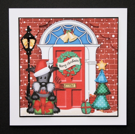 8 x 8 Christmas Door Hamish Scottie Dog has a present Scalloped Corner Topper by Marion Kimberley-Scott