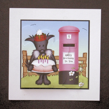Hamish Scottie Dog has a Birthday Cake Shell Edged Corner side stacker by Marion Kimberley-Scott