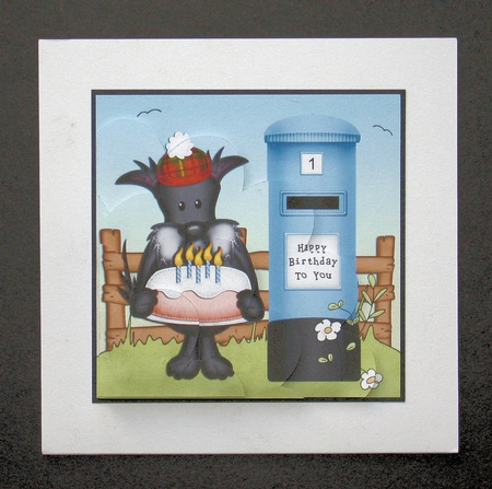 Hamish Scottie Dog has a Birthday Cake Shell Edged Corner side stacker by Marion Kimberley-Scott