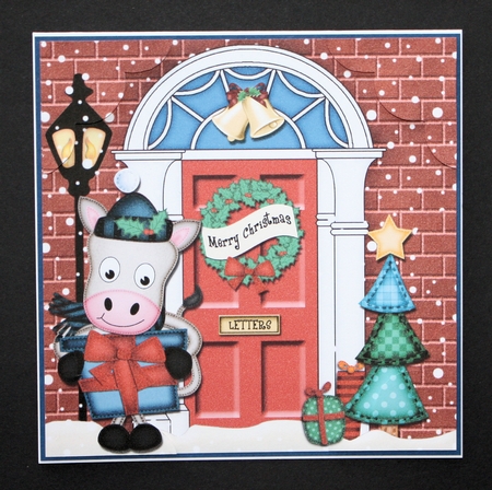 8 x 8 Christmas Door GiGi Horse has a present Scalloped Corner Topper by Marion Kimberley-Scott