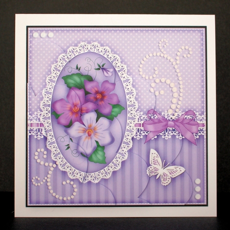 A Touch of Elegance Pretty Violas Pearls and Lace Shell Edged Corner Side Stacker by Marion Kimberley-Scott