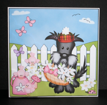 Hamish Scottie Dog has a basket of Pretty Flowers Scalloped Corner Stacker by Marion Kimberley-Scott