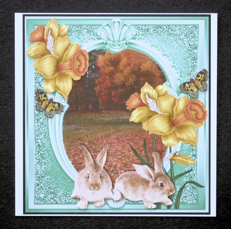 Pretty daffodils with woodland and bunnies 8x8 by Marion Kimberley-Scott