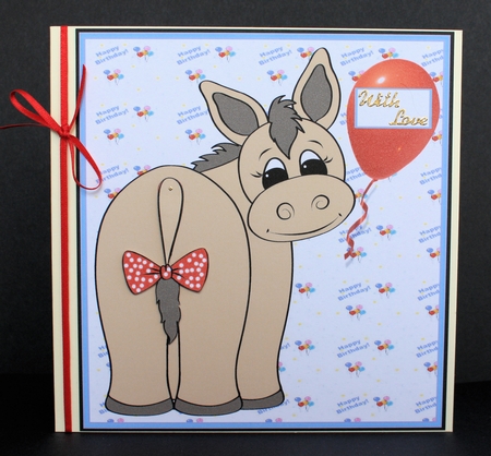 Large sized pin the tail card front. by Marion Kimberley-Scott