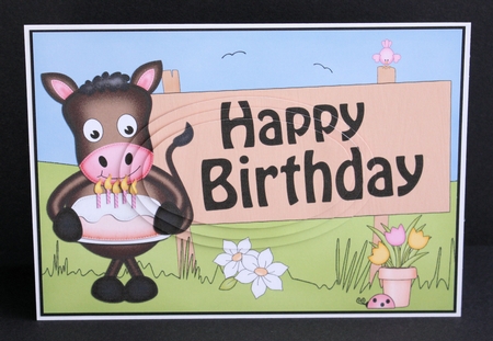 A5 HAPPY BIRTHDAY Gigi Horse has a Birthday Cake Oval Pyramage Topper by Marion Kimberley-Scott