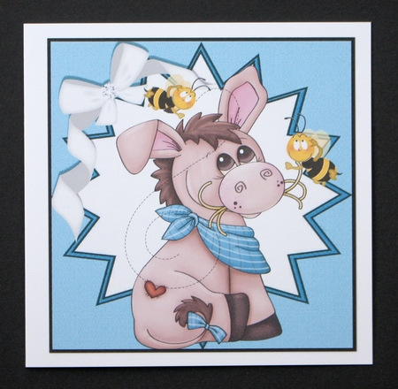 Cute little donkey with bumble bees in funky blue star frame 8x8 by Marion Kimberley-Scott