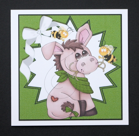 Cute little donkey with bumble bees in green funky star frame 8x8 by Marion Kimberley-Scott