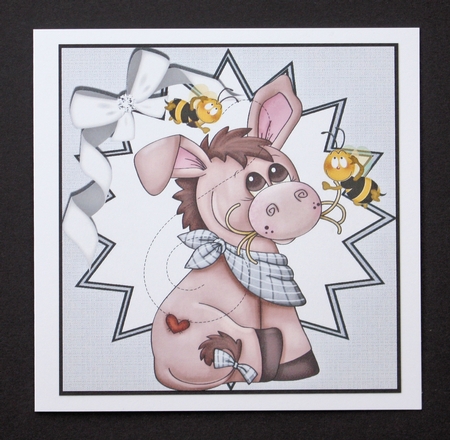 Cute little donkey with bumble bees in silver funky star frame 8x8 by Marion Kimberley-Scott