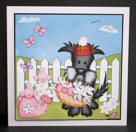 Hamish Scottie Dog has a basket of pretty flowers Shell Edged Corner Side Stacker by Marion Kimberley-Scott