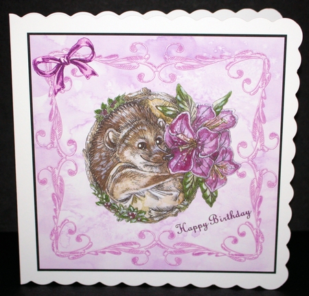 pretty lilac hedgehog 7 x 7 Birthday quick card front by Marion Kimberley-Scott