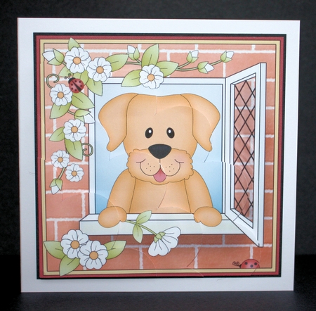 Shell Edged Corner Side Stacker - Through the Window - Cute Little Golden Labrador Dog  by Marion Kimberley-Scott