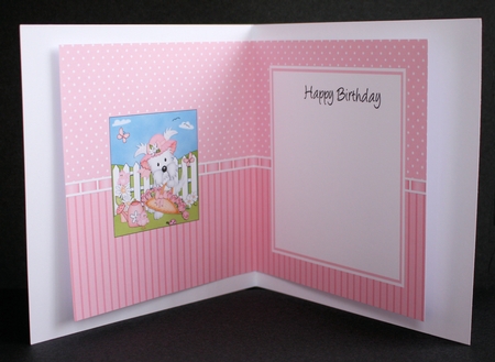 Jess Westie Dog has a basket of Pretty Flowers square landscape insert by Marion Kimberley-Scott
