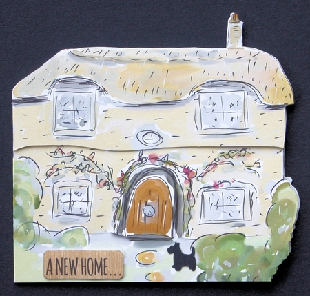 New Home Cottage-Shaped Card With Decoupage, 4 Sentiment Tags & Commercial Use by Marion Kimberley-Scott