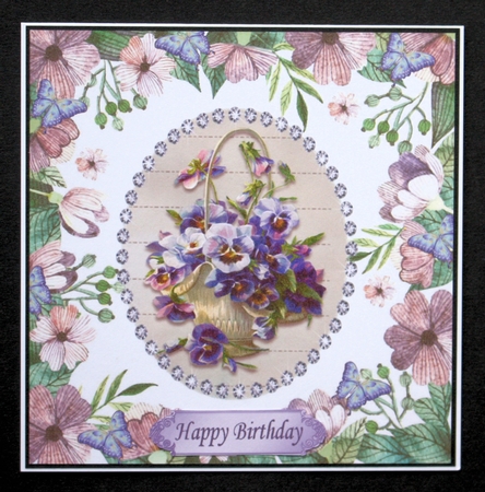 pretty lilac pansies in a basket in floral frame with butterflies 8x8 by Marion Kimberley-Scott