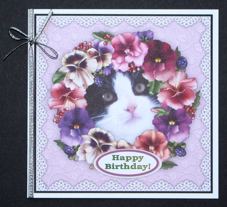 Five 6 x 6 Assorted Black & White Cat Card Toppers With Pansies & Lace by Marion Kimberley-Scott