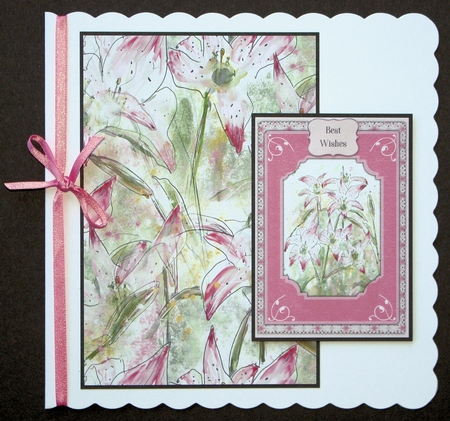STARGAZER LILIES: A5 Pink Floral Topper With Lily Decoupage, 12 Sentiment Tags & Commercial Use by Marion Kimberley-Scott