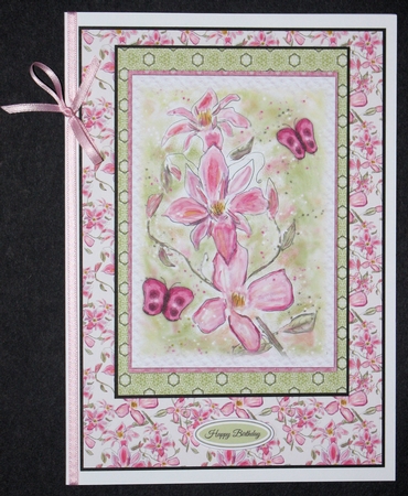 PINK CLEMATIS FLORAL QUICK CARD FRONT: 4 x 6 With Butterfly Decoupage, 13 Sentiment Tags & Commercial Use by Marion Kimberley-Scott
