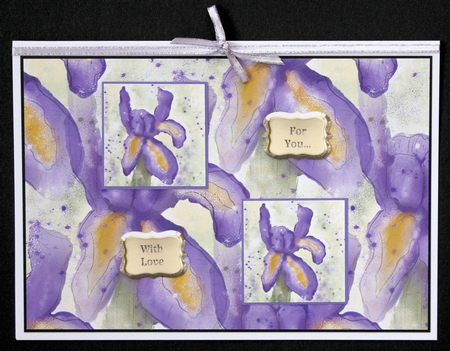 PURPLE IRIS: 7x7 4 Sheet Mini Kit With Decoupage, Insert, 10 Sentiment Tags, Bonus Gift Tag, Background Paper & Commercial Use by Marion Kimberley-Scott