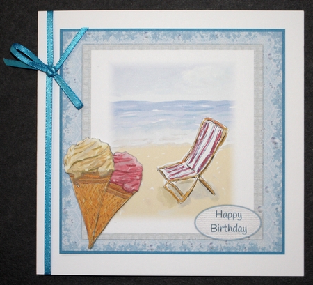 ICE CREAM ON THE BEACH: 7x7 Quick Card Front  With Decoupage, 6 Sentiment Tags & Commercial Use by Marion Kimberley-Scott