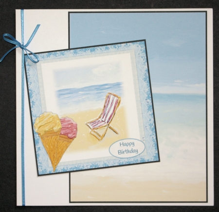 ICE CREAM ON THE BEACH: 7x7 Quick Card Front  With Decoupage, 6 Sentiment Tags & Commercial Use by Marion Kimberley-Scott