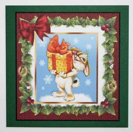 Lovely vintage bunny carrying a present in holly frame with bow 8x8 by Marion Kimberley-Scott