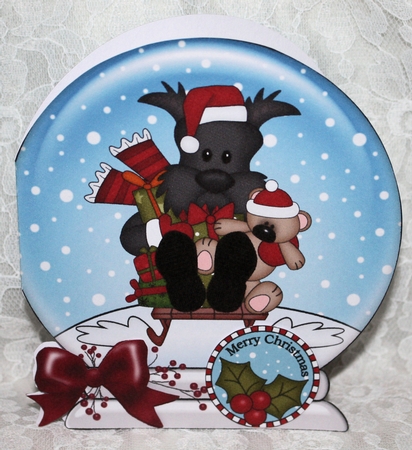 Christmas Snow Globe Shaped Card - Little Scottie Dog is Sledging by Marion Kimberley-Scott