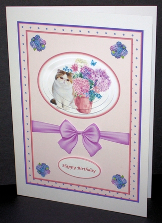 A5 step by step cat & hydrangea card front by Marion Kimberley-Scott