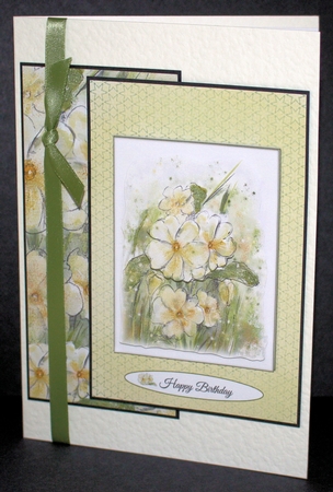 PRIMROSES: 4x6 Topper for Birthdays/Easter/Other Occasions, With Decoupage & 5 Sentiment Tags by Marion Kimberley-Scott