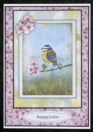 BLUE TIT & BLOSSOM: A5 Quick Card With Easy Decoupage & Commercial Use by Marion Kimberley-Scott
