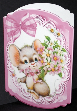 Cute mouse with flowers on lace with butterflies bracket card by Marion Kimberley-Scott